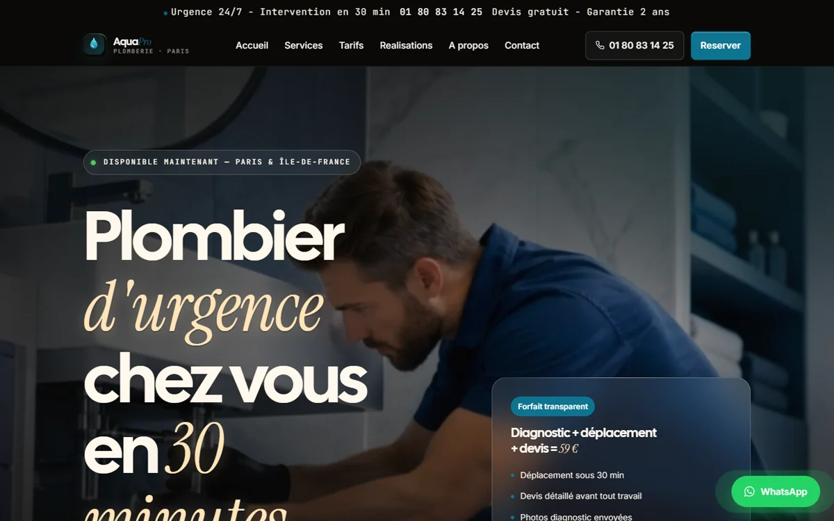 Capture du site AquaPro Plomberie — plombier urgence Paris
