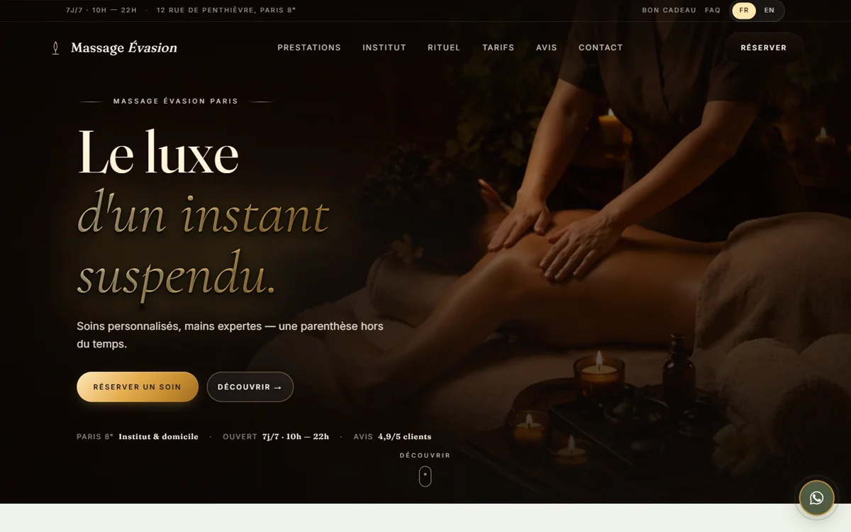 Capture du site Massage Évasion Paris — salon de bien-être